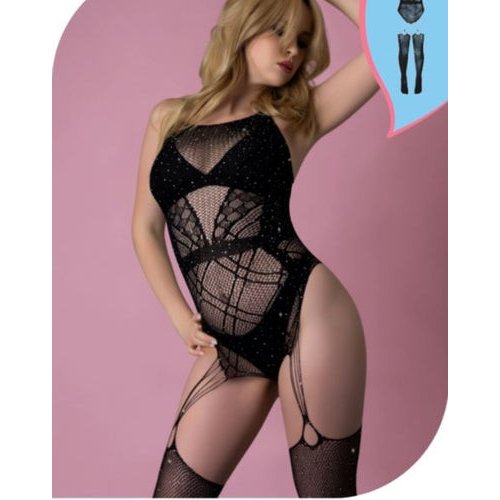 LOVE RHINESTONE CRYSTAL GARTERED BODY STOCKING BLACK