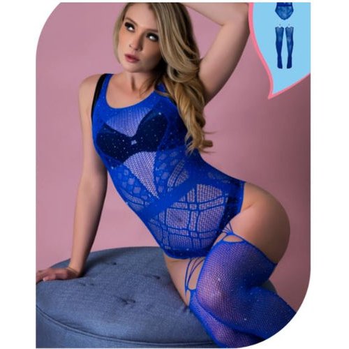LOVE RHINESTONE CRYSTAL GARTERED BODY STOCKING BLUE
