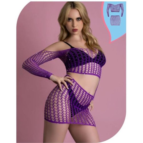 LOVE RHINESTONE CRYSTAL OFF SHOULDER CROP TOP & SKIRT VIOLET