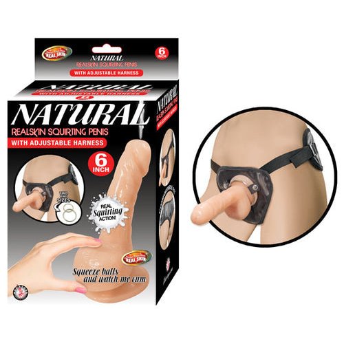 NATURAL REALSKIN SQUIRTING PENIS W/ ADJUSTABLE HARNESS 6IN FLESH