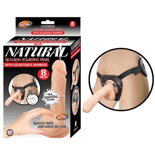 NATURAL REALSKIN SQUIRTING PENIS W/ ADJUSTABLE HARNESS 8IN FLESH