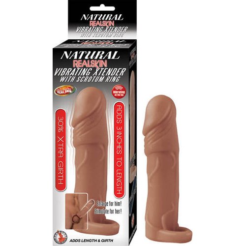 NATURAL REALSKIN VIBRATING XTENDER W/ SCROTUM RING BROWN