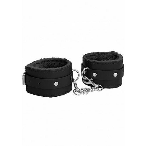 OUCH! PLUSH LEATHER HANDCUFFS BLACK - SHTOU267BLK