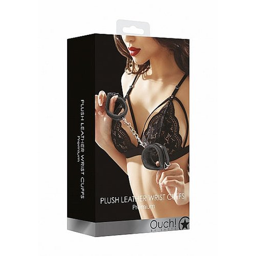 OUCH! PLUSH LEATHER HANDCUFFS BLACK - SHTOU267BLK