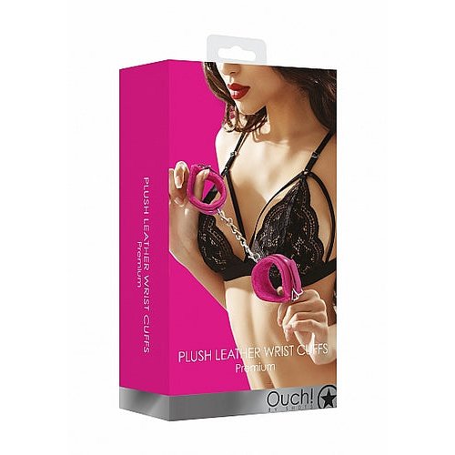 OUCH! PLUSH LEATHER HANDCUFFS PINK - SHTOU267PNK