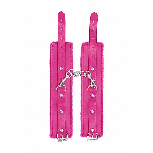 OUCH! PLUSH LEATHER HANDCUFFS PINK - SHTOU267PNK