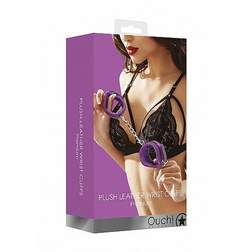 OUCH! PLUSH LEATHER HANDCUFFS PURPLE - SHTOU267PUR