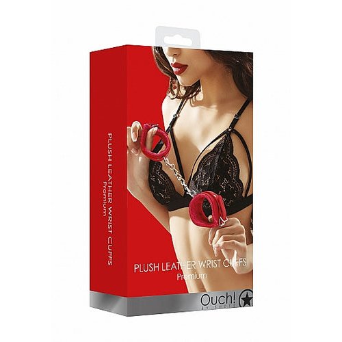OUCH! PLUSH LEATHER HANDCUFFS RED - SHTOU267RED