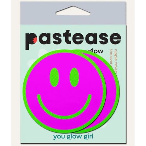 PASTEASE NEON GREEN GLOW IN THE DARK PINK SMILEY FACE BREAST PASTIES - PASSMIGLWPK5