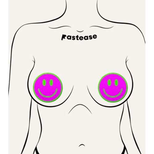 PASTEASE NEON GREEN GLOW IN THE DARK PINK SMILEY FACE BREAST PASTIES - PASSMIGLWPK5