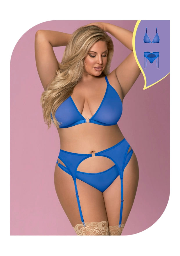 Love Blue Mesh Bra Garter & Ruched Panty Queen