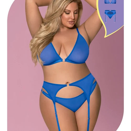 Love Blue Mesh Bra Garter & Ruched Panty Queen
