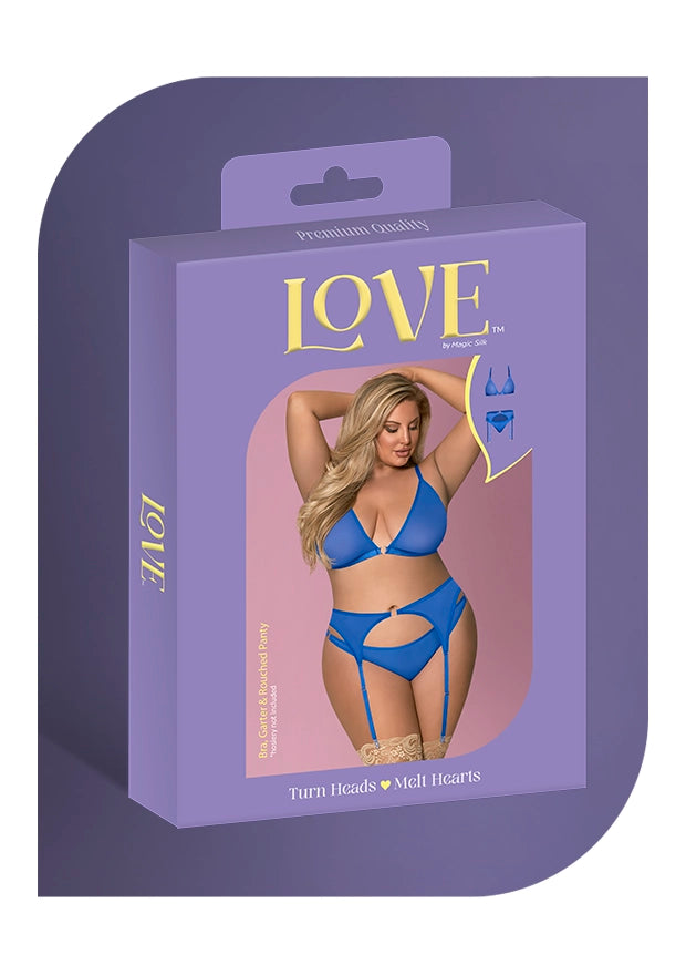 Love Blue Mesh Bra Garter & Ruched Panty Queen
