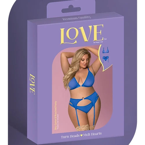 Love Blue Mesh Bra Garter & Ruched Panty Queen