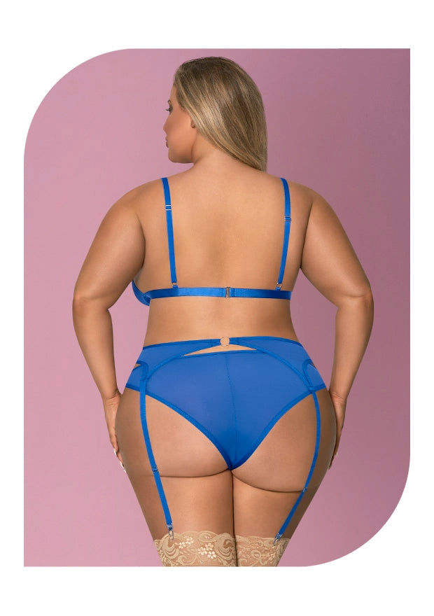 Love Blue Mesh Bra Garter & Ruched Panty Queen