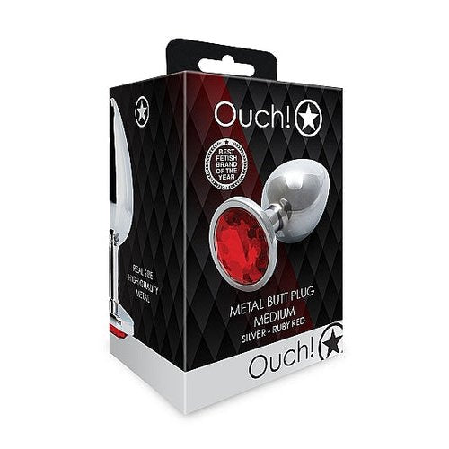ROUND GEM BUTT PLUG MEDIUM SILVER RUBY RED - SHTOU794SIL