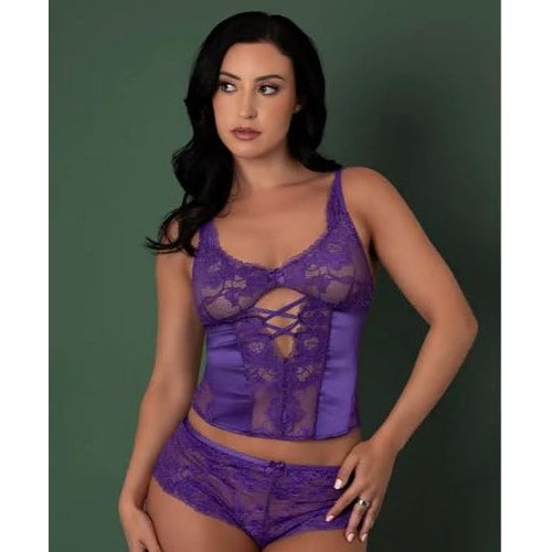 SATIN PETALS BUSTIER & BOY SHORT PURPLE L