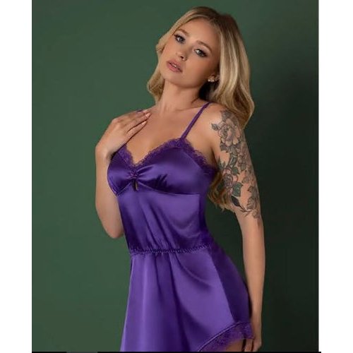 SATIN PETALS CHEMISE & GSTRING SET PURPLE L