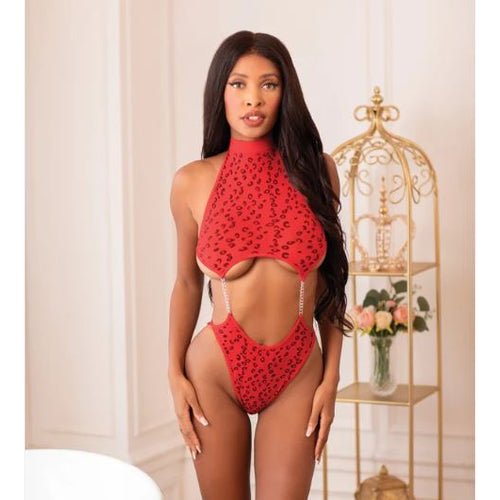 SAVAGE ME RED HOT CHEETAH CHAIN BODYSUIT RED - SB245