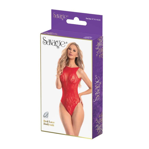 RED LACE BODYSUIT RED RHINESTONE - SAVSB227
