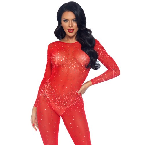 Sheer Rhinestone Long Sleeve Catsuit - 85636     00325