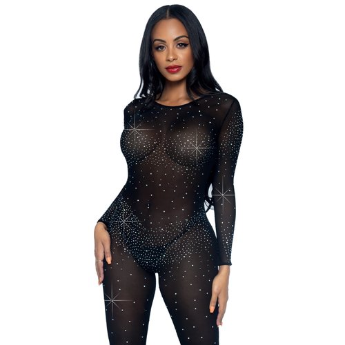Sheer Rhinestone Long Sleeve Catsuit - 85636     00325