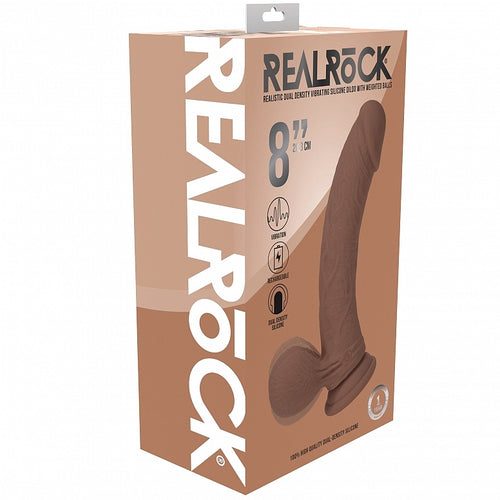 REALROCK RECHARGEABLE DUAL LAYERED VIBRATING CURVED 8IN W/BALLS TAN - SHTREA214TAN