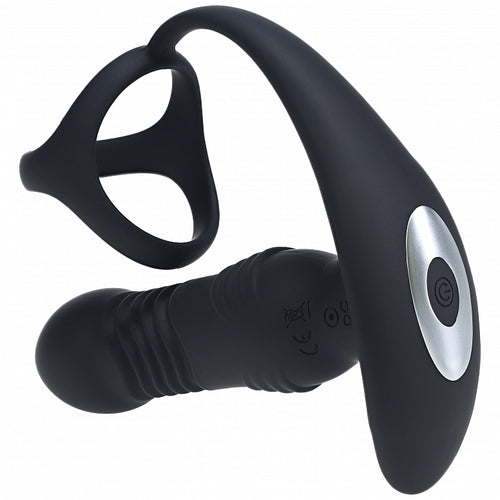 LEVELZ VIBRATING & THRUSTING SILICONE PROSTATE MASSAGER W/TRIO O COCK RING BLACK - SHTLVL030038BLK