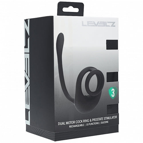 LEVELZ DUAL MOTOR SILICONE COCK RING W/ PROSTATE STIMULAT BLACK - SHTLVL030035BLK