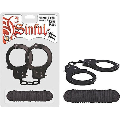 SINFUL METAL CUFFS W/LOVE ROPE BLACK