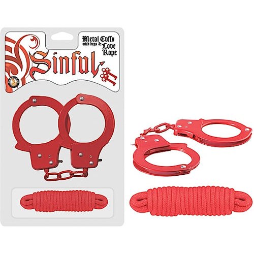 SINFUL METAL CUFFS W/LOVE ROPE RED