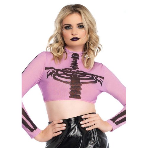 Skeleton High Neck Long Sleeve Mesh Crop Top - 8283      05201