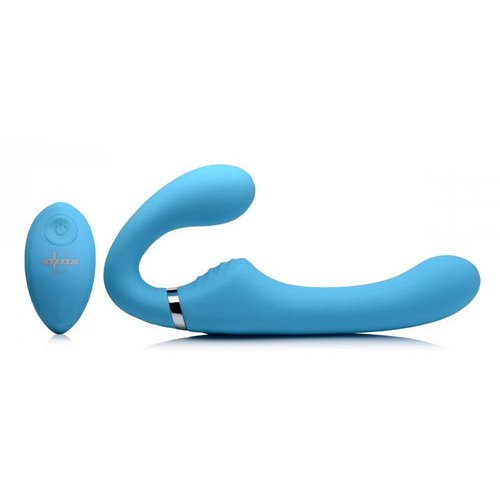 STRAP U MIGHTY RIDER 10X VIBRATING STRAPLESS STRAP-ON BLUE - XRAG557BLU