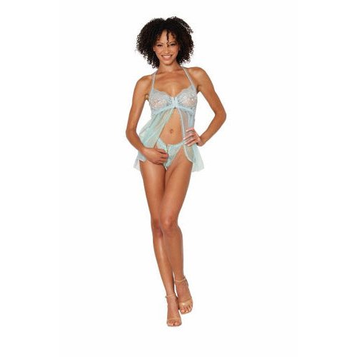 STRETCH LACE BABYDOLL SET W/ RUFFLE TRIM MINT O/S - DG12813MNT