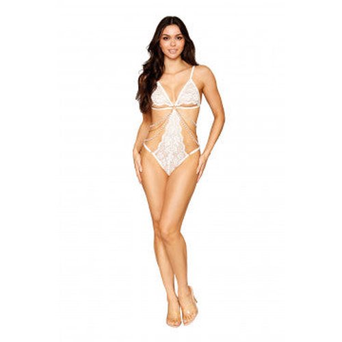 STRETCH LACE TEDDY W/ PEARLS & CHAIN WHITE O/S - DG13310WHT