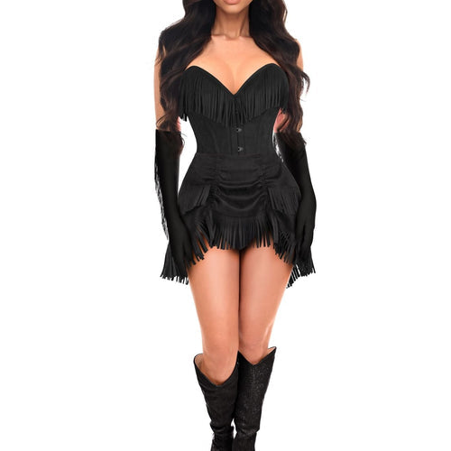 Top Drawer 4 PC Premium Black Suede Fringe Cowgirl Corset Costume