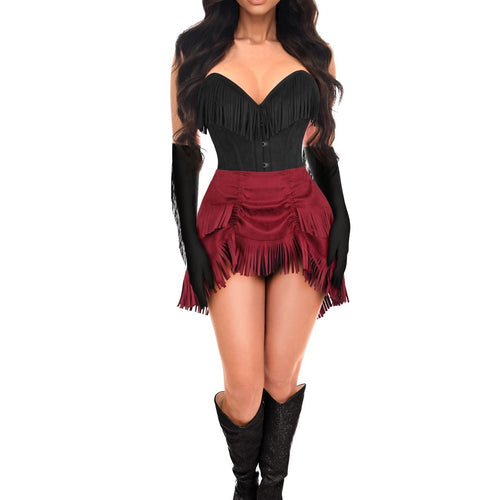 Top Drawer 4 PC Premium Black/Red Suede Fringe Cowgirl Corset Costume