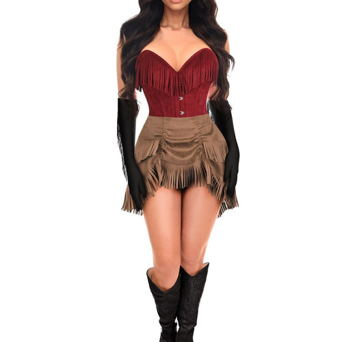 Top Drawer 4 PC Premium Red Suede Fringe Cowgirl Corset Costume