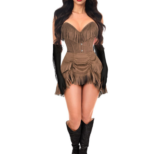 Top Drawer 4 PC Premium Tan Suede Fringe Cowgirl Corset Costume