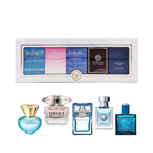 VERSACE 5PC MINI SET EROS + POUR HOMME + FRAICHE + BRIGHT CRYSTAL + DYLAN PURPLE-Pinkfoxxx