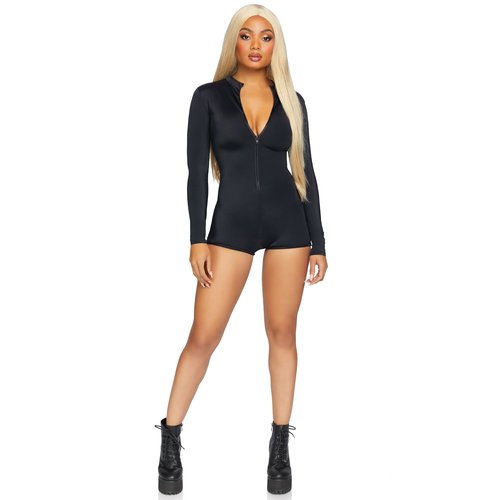 Zipper Front Long Sleeved Matte Romper - 86869     00101