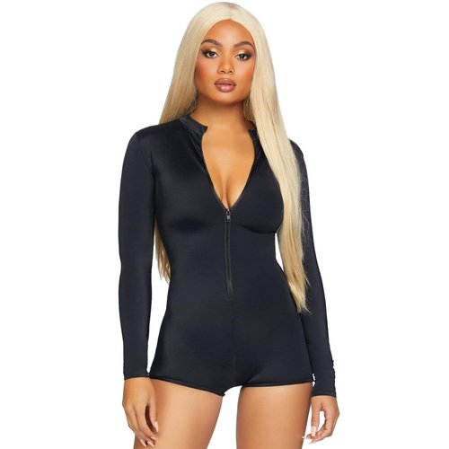 Zipper Front Long Sleeved Matte Romper - 86869     00101