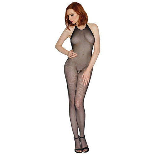 Dreamgirl Seamless Fishnet Bodystocking with Halter Neck, Open Crotch and Low Back Black OS